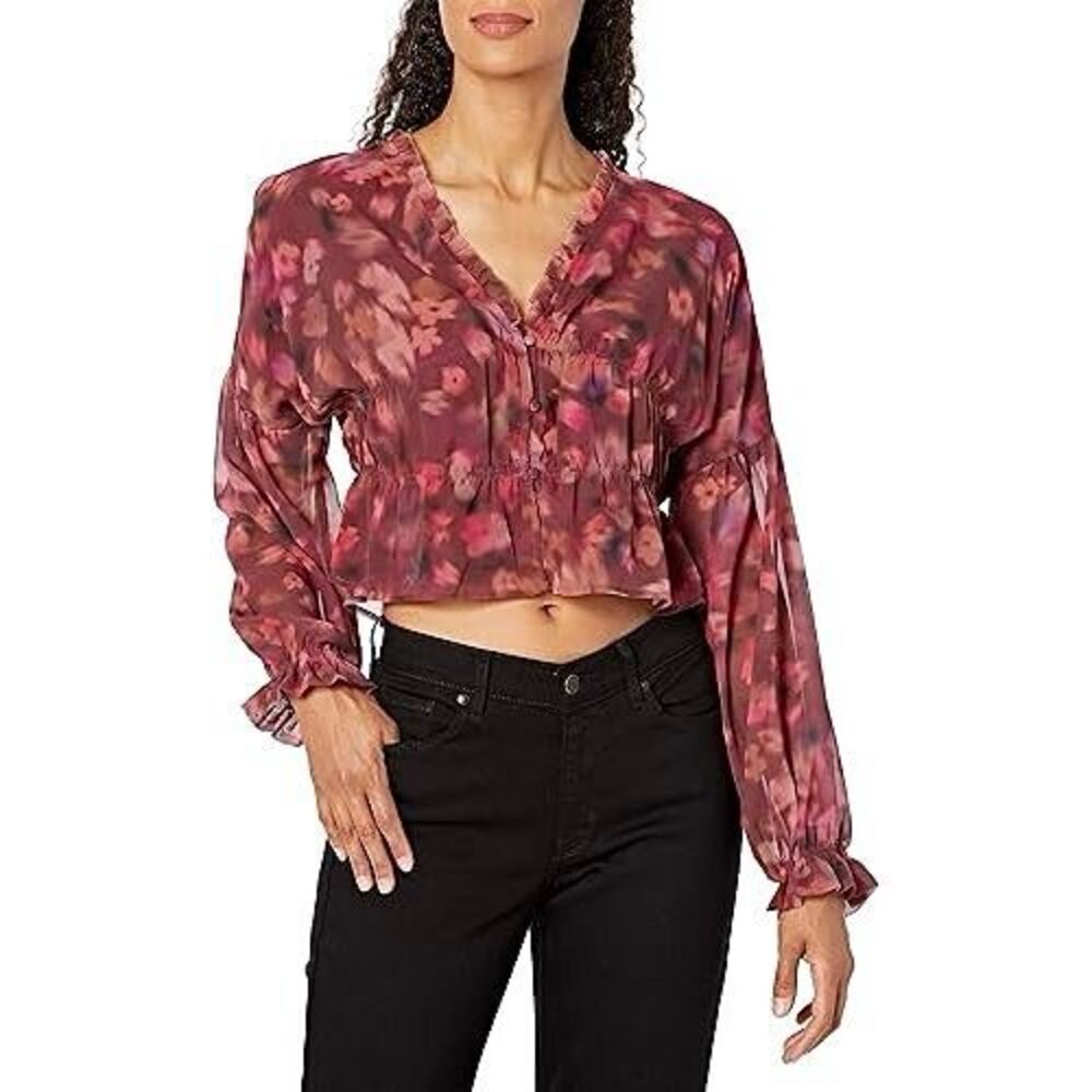 Steve Madden Wine Floral Blouse Button Down Top Feminine Ruffles